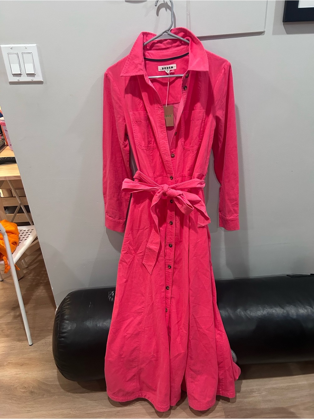 New Boden 100% Cotton Corduroy Pink Tie Front Shirt Dress Size 14R Button Front